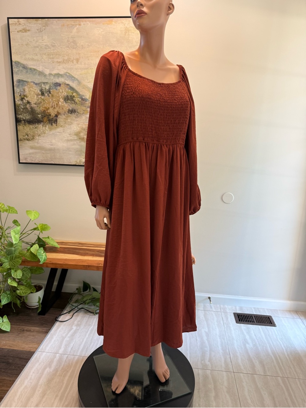 Smocked Maxi Dress in Rust with Long Puff Sleeves 2xl stretch pockets new on/off